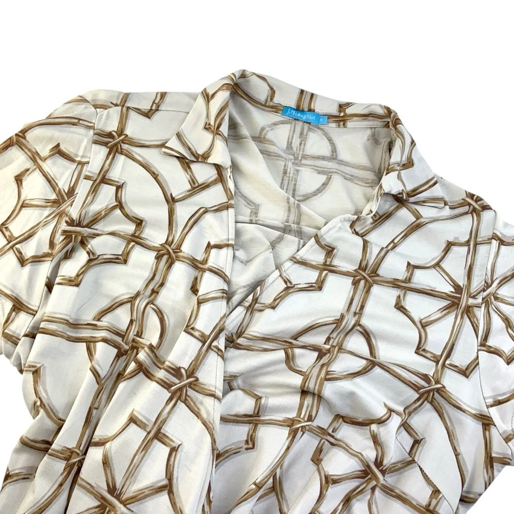 JMclaughlin Silk Wrap Dress in Cream with Brown Geometric Print - Picture 2 of 4